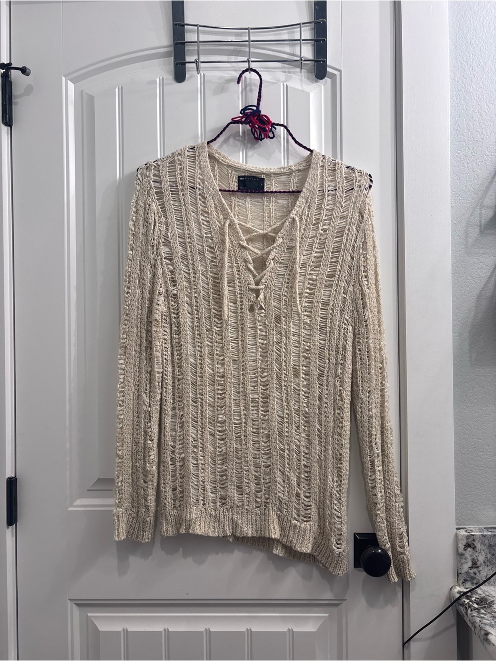 ASOS Cream Open-Knit Lace-Up V-Neck Sweater